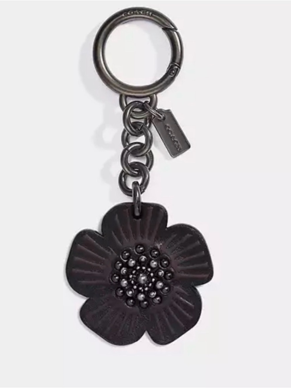 COACH Tea Rose Black & Purple Leather Key Ring Bag Charm/ Gunmetal Hardware - Picture 2 of 3